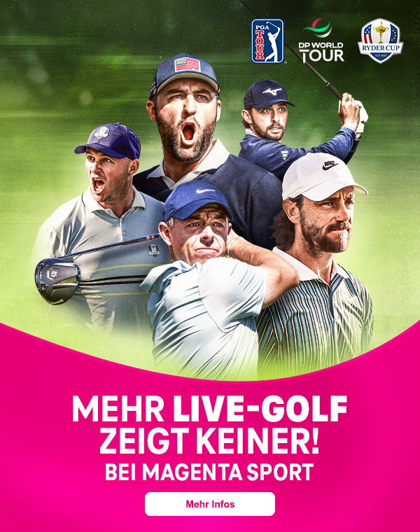Fünf Profigolfer vor grünem Hintergrund mit Logos von PGA Tour, DP World Tour und Ryder Cup – Mehr Live-Golf zeigt keiner! Bei MagentaSport